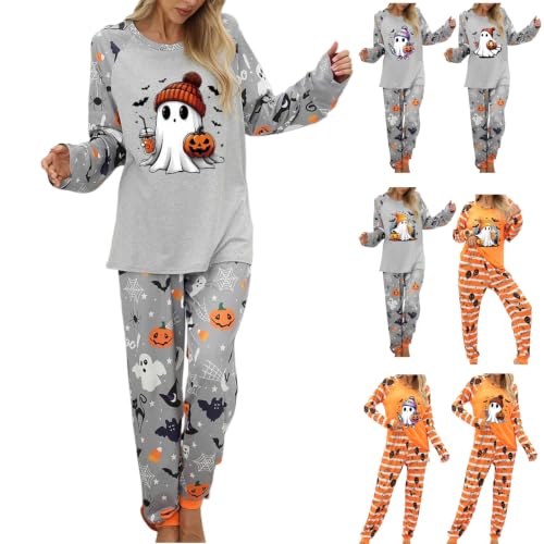 Womens Halloween Pajamas,Halloween Pajamas Women Pumpkin Ghost Print Long Sleeve Fall Pjs Set 2026 *Grey Small - image 1