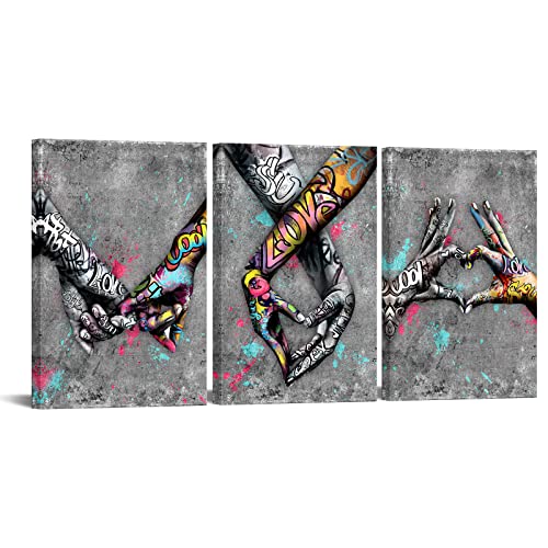 Lienzos de arte callejero estilo pintura al óleo y arte de pared con manos de amor vintage