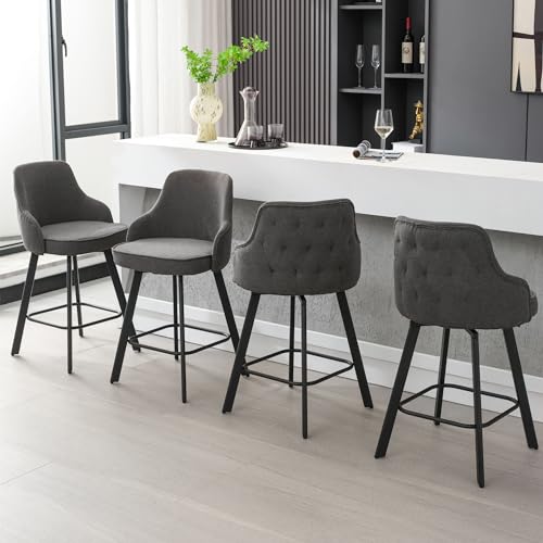 Image of Modern Swivel Bar Stools Set of 4, 26 inch Linen Counter Stools with High Back