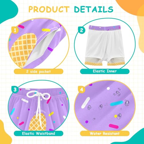 Purple Ice Cream Boys Swim Trunks Size 9 Size 10 Size 11 with Compression Liner Boys Swim Shorts Water Resistant Bathing Suit4