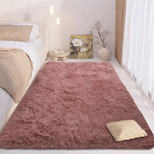 CUIMEI Tapis Chambre Enfant Fille 220 x 220 cm, Rectangulaire, Shaggy Doux et Confortable, Moelleux et Lavable, pour Chambre Tapis en Peluche Moelleux Doux, Rose foncé