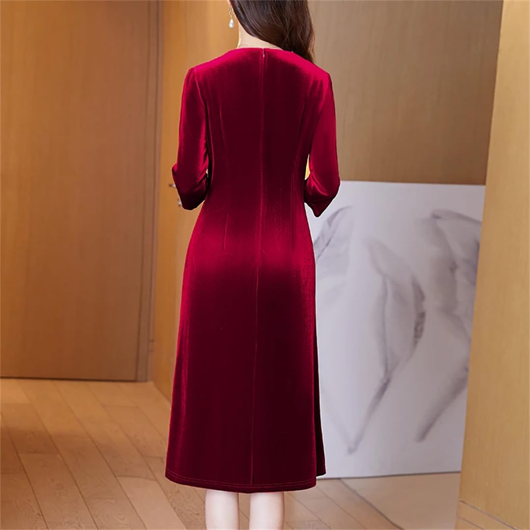 Fnfmrfmr Vestido de terciopelo rojo de manga larga para mujer, vestido de oficina con cuello en V, maxi vestido dividido