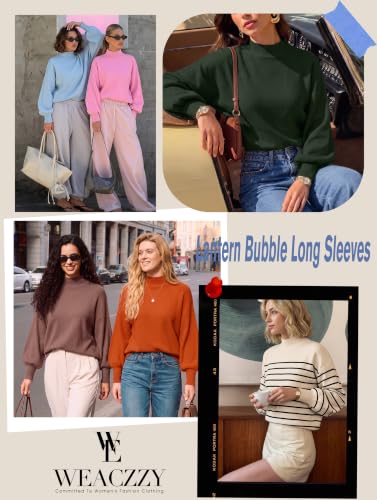 Image of WEACZZY Women's Sweater Mock Neck Long Lantern Sleeve Lightweight Knit Tops