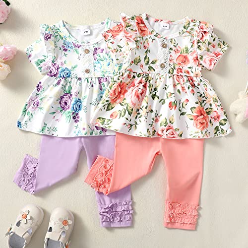 Image of Newborn Baby Girl Clothes Toddler Girl Outfits Ruffle Long Sleeve Tops Pants with Hats and Headband Fall Summer Clothes Sets