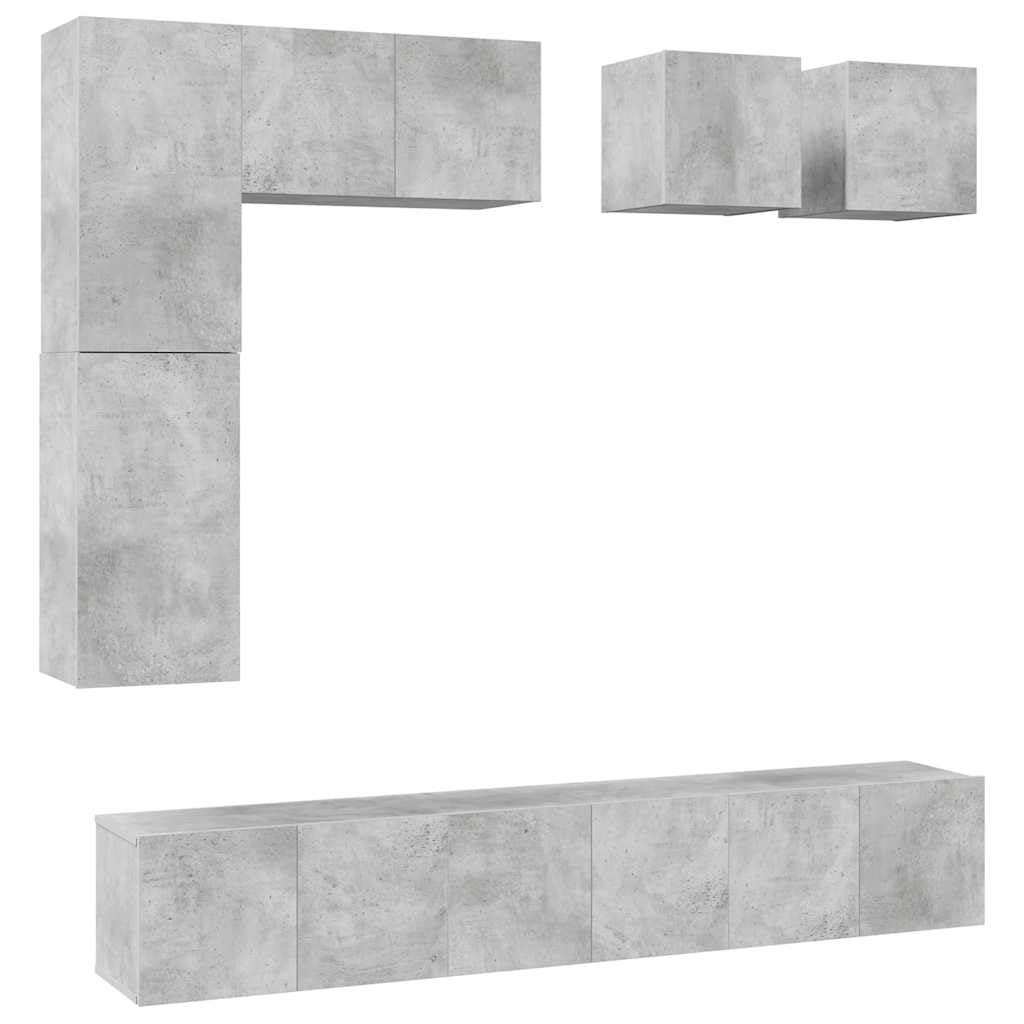 8-TLG. Hängendes TV-Schrank-Set, Betongrau Holzwerkstoff, Lowboard für Wohnzimmer, Modernes Media-Center mit viel Stauraum, Einfache Wandmontage