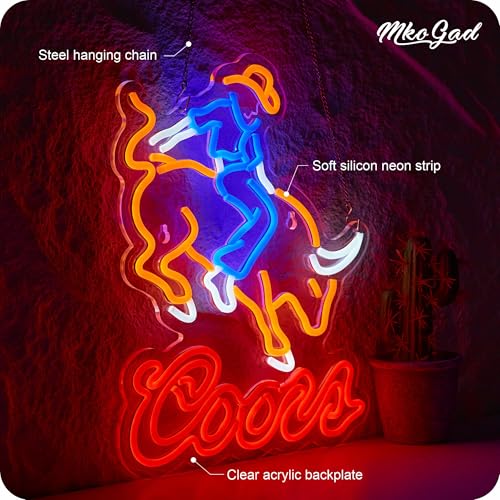 Image of Cowboy Crs Light Neon Signs for Wall Decor Rodeo Beer LED Lights for Man Cave Bar Signs with Dimmer for Bar Pub Restaurant Store Party Gift Led Art Wall Decor, 5V USB Powered , 17*13 Inch (Orange red)