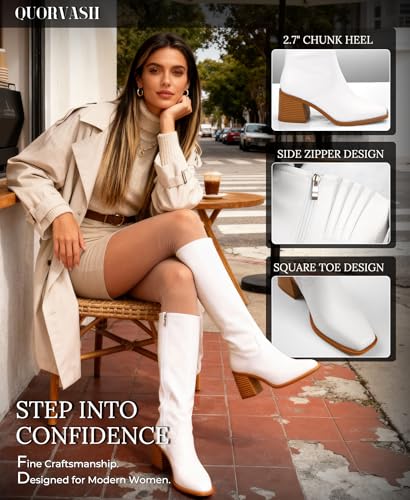 Image of Knee High Boots Women - Long Elastic Faux Leather Boots Tall Square Toe Chunky Block High Heel Shoes with Side Zipper