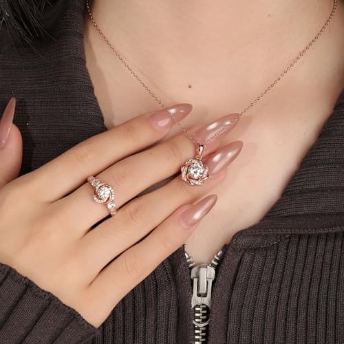 Image of Jeulia Moissanite Engagement Ring for Women | Classic Solitaire Halo Rose Gold Flower Promise Ring | Round Cut Eternity Wedding Band | 925 Sterling Silver Jewelry with Gift Box and GRA Certificate