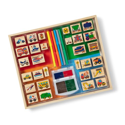 Image of Melissa & Doug Deluxe Wooden Stamp and Coloring Set - Vehicles (30 Stamps, 6 Markers, 2 Durable 2-Color Stamp Pads)