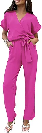 PRETTYGARDEN Women's Summer One Piece Jumpsuits Belted Short Sleeve Wrap V Neck Fashion Dressy Casual Wide Leg Pants Romper