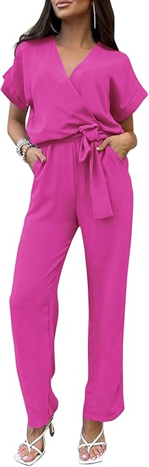 PRETTYGARDEN Women's Summer One Piece Jumpsuits Belted Short Sleeve Wrap V Neck Fashion Dressy Casual Wide Leg Pants Romper