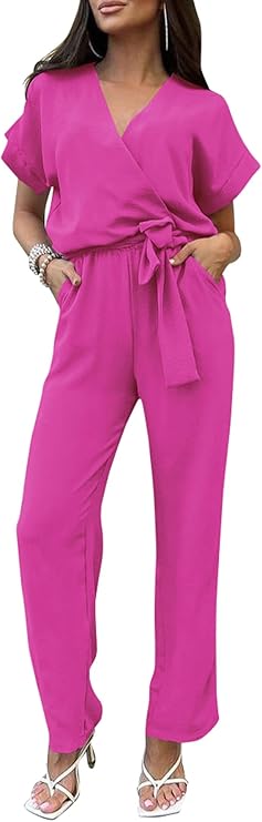 PRETTYGARDEN Women's Summer One Piece Jumpsuits Belted Short Sleeve Wrap V Neck Fashion Dressy Casual Wide Leg Pants Romper