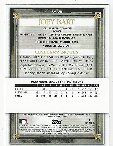 Joey Bart Autographed Rookie Card Collectible Baseball Card - 2021 Topps Gallery Baseball Card #RA-JB (Giants) Free Shipping