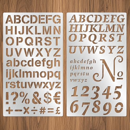2PCS Stainless Steel Stencils Set for Engraving Wood Burning - Reusable Alphabet Number Font Templates with Decorative Patterns for Metal Wood Leather Glass Journaling DIY Crafts (4x7 Inch)