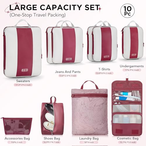Image of OlarHike 10-Pack Compression Packing Cubes for Travel Essentials,Compressible Expandable Packing Cubes for Suitcase,Luggage Garment Bags for Travel,Handy Helper for Organizing Clothes(Wine Red)