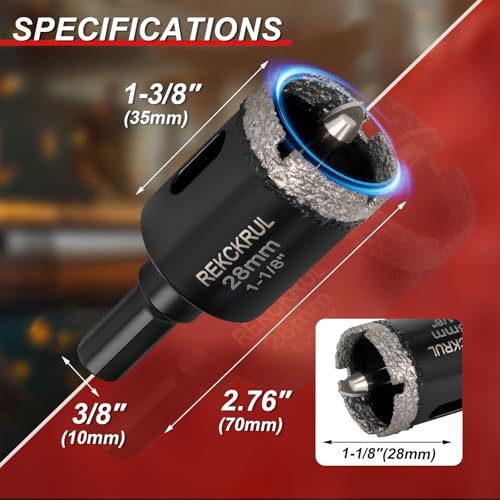 Image of 1-1 /8 Inch Diamond Hole Saw with Pilot Drill Bit 2PCS | Premium Tile Hole Saws Porcelain, Ceramic, Granite, Marble, Glass , 1-3 /8 inch Cutting Depth, Serrated Edge Wet /Dry Use (28mm)