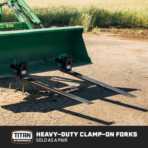 Image of Titan Attachments Pair Heavy-Duty 60 inch Clamp-On Pallet Forks, 47 inch x 4 inch Blade Length, Rated 6000 LB, Easy to Install on Loader or Skid Steer Bucket