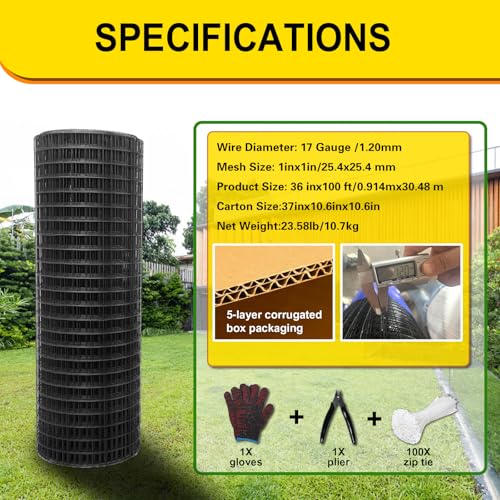 Wirewonders Black Hardware Cloth 1inx36inx100ft, Chicken Wire Fencing, 19Gauge, Vinyl PVC Coated Mesh, Welded Wire mesh, Perfect for Gopher Wire, Rodent Mesh, Tree Guard, Chicken Coop by Wirewonders - Image 2