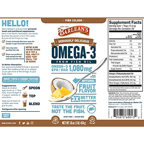 Barlean's Pina Colada High Potency Omega 3 Fish Oil Liquid Supplement 1080Mg Of Omega 3 Epa & Dha Fatty Acid, Smoothie Flavored & Burpless For Brain, Joint, & Heart Health, 16 Oz #TOP1