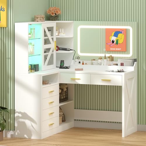 Image of White L-Shaped Corner Vanity Desk with LED Lighted Mirror & Storage Shelves