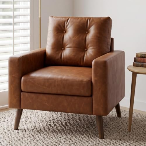 Image of HNY Mid Century Modern Armchair, Button Tufted Faux Leather Accent Chair with Armrests, Upholstered Club Chair for Living Room, Bedroom & Office, Caramel Brown