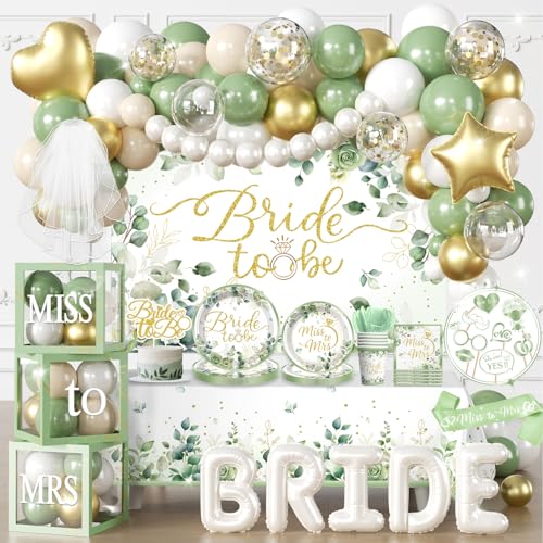 cocomigo 320 PCS Sage Green Bridal Shower Decorations Hassle-Free One-Stop Set for 25 Guests With Bride to Be Balloon Backdrop Plates and Napkins Easy Setup for Female Bridal Shower