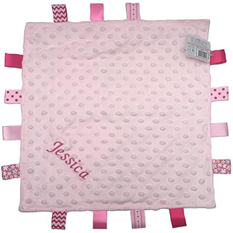 Personalised Embroidered Baby Dimple Comforter Tags Blanket with name Newborn Boy or Girl (Pink) Cover