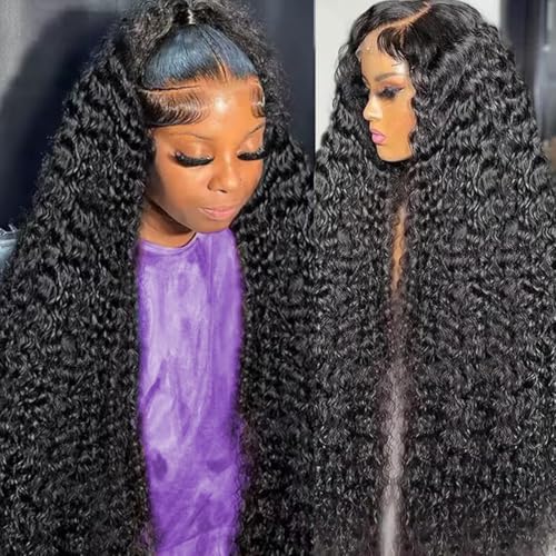 Image of LAINSS 13x6 Deep Curly Lace Front Wigs Human Hair Pre Plucked Deep Wave Lace Frontal Wig Wet and Wavy Wigs for Black Women Natural Black Color 210% Density 22Inch
