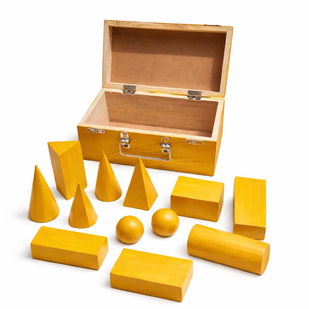 Harfi Works Wooden Geometric Shapes Set for Students & Teachers | 3D Geometry Model Kit in Wooden Box | Educational Math & Physics Teaching Aids. 12-Piece (Yellow, Small)