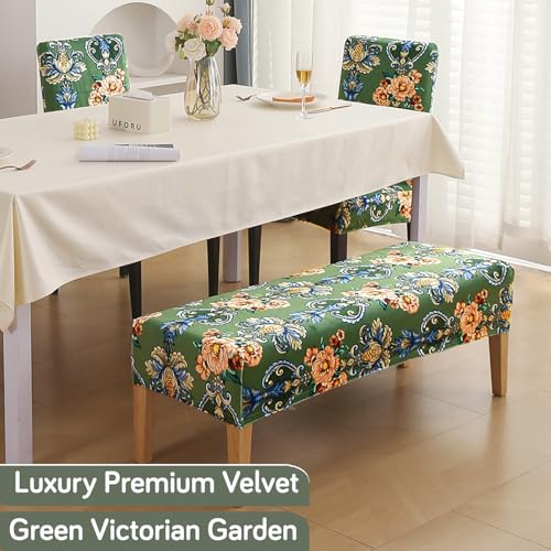 Image of HOKIPO Premium Printed Velvet Elastic Dining Bench Cover, Green Victorian Garden (AR-5798-D4)