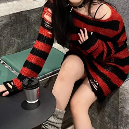 Image of Goth Y2K Striped Sweater Grunge Ripped Punk Gothic Sweaters for Women