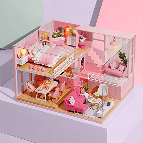 Image of TuKIIE DIY Miniature Dollhouse Kit with Furniture, 1:24 Scale Creative Room Mini Wooden Doll House Accessories Plus Dust Proof & Music Movement for Kids Teens Adults(Warm Moments)