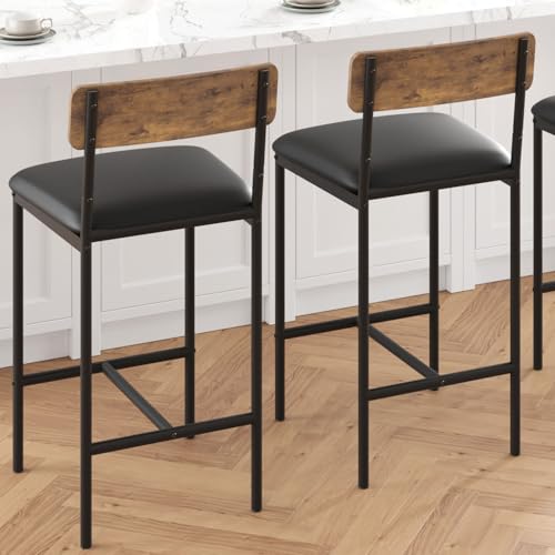 Image of Garvee Bar Stools Set of 2, Upholstered Counter Height Bar Stool with Backrest and Footrest, Wider Seat, Kitchen Barstools for Kitchen Island, Dining Room, Easy Assembly, Retro Brown