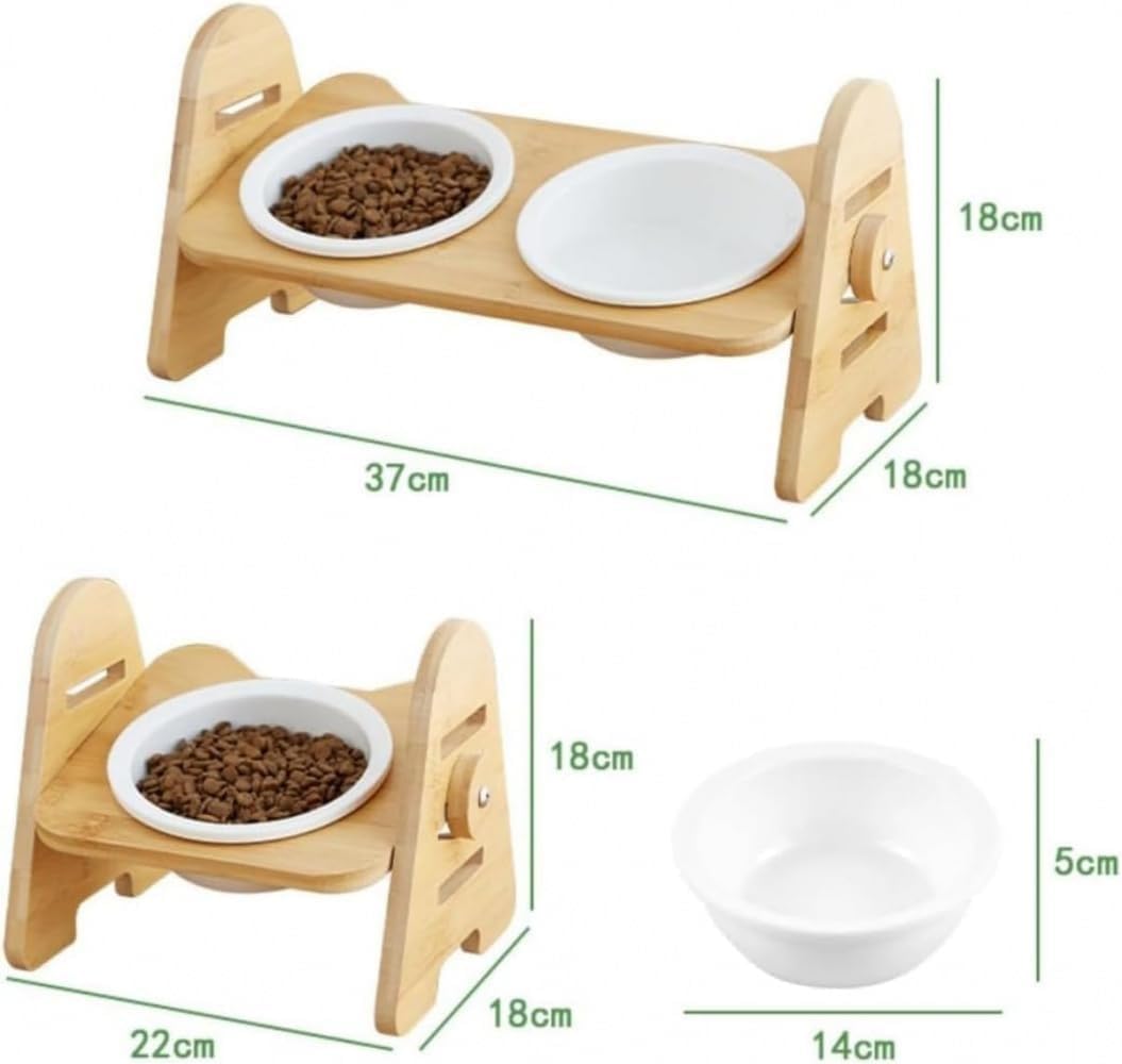 DRWG猫用ダイニングテーブル 犬猫兼用食器セット 高さ調節・ネジ固定 竹製フレーム + 陶器ボウル 水入れ付き 防滑衛生 取り外し
