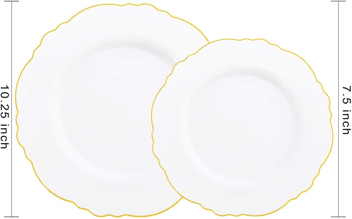 WDF 100pcs Gold Plastic Plates-60pcs Gold Plastic Plates -Baroque White