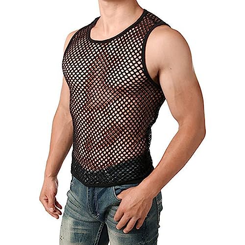 Evankin Mens Sexy Mesh Tank Top See Through Fishnet Sleeveless Tank Shirt Round Neck Sheer Undershirts2