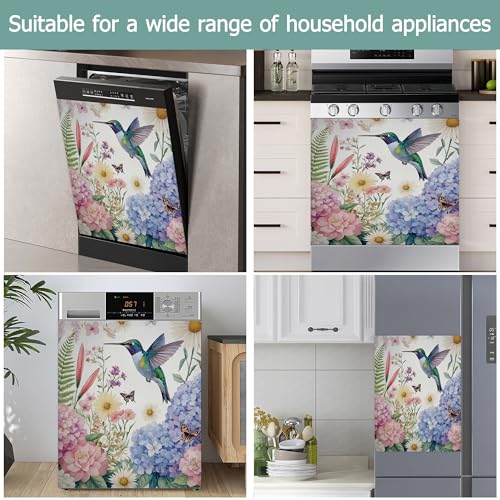 Image of Dishwasher Cover,Hummingbird Reusable Dishwasher Magnet Cover,Decorative Spring Hydrangea Wildflowers Magnetic Refrigerator Cover Front Panel Cover for Kitchen Decor 23x26 Inch