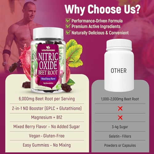 Image of Vuvionoso Nitric Oxide Beet Root Gummies 6000mg - Nitric Oxide Booster with Organic Beet Root, Grapeseed, Pomegranate, Vitamin C & B12 - Sugar-Free Beet Chewables Mixed Berry Flavor - 60 Gummies