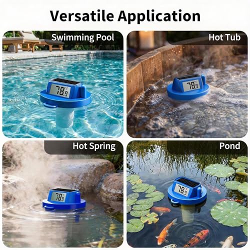 Image of Pool Thermometer Floating, Digital Swimming Pool Thermometer, IPX8 Waterproof with Double Sided Display for Pond, Hot Tub, Aquarium (Solar Powered, Dark Blue)