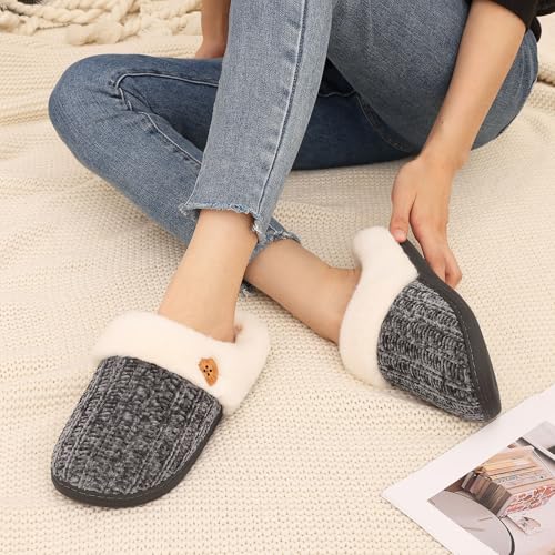 Image of Evshine Warm Knit House Slippers for Women Comfy Wool-Like Lined Chenille Slippers with Memory Foam and Indoor Outdoor Soles