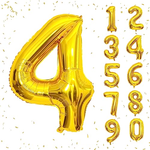 Image of 40 Inch Gold Number Balloons, Helium Mylar Foil Number Balloons for Birthday, Number 4 Balloon for 4st Birthday Decorations for Kids, Anniversary Party Decorations Supplies