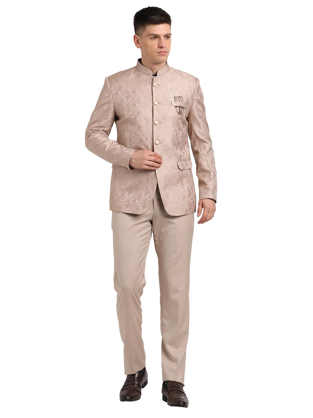 turtle Men Terry Rayon Mandarin Collar Tailored Fit Beige 2 Piece Party Suits-picture-31
