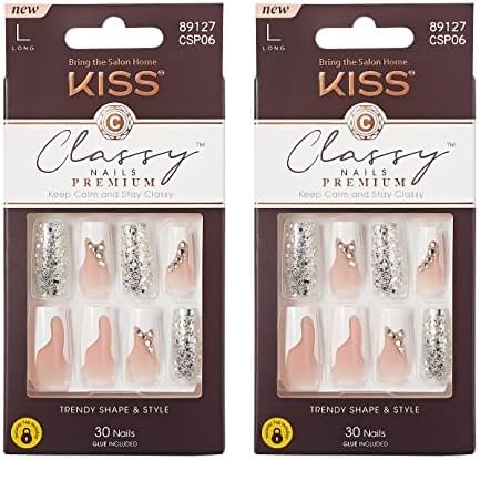 KISS Premium Classy Fake Nails - Stay Modish, Long & Square, Super Glam, Jewel Accents, Waterproof, Smudge Proof, No Dry Time, Durable, Takes Minutes, Quick & Easy | 30 Count (Pack of 2)