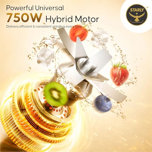 Image of Starly Grind Force 750W Mixer Grinder | 3 Stainless Steel Jars | ABS Body | 2 Years Warranty | Powerful & High Speed Mixie for Grinding, Mixing, Juicing (Blue & White)