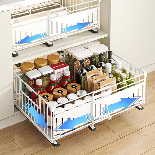 HABITELLO Tiroir Coulissant Extensible Organisateur Tiroir Cuisine Rangement Sous Evier Range-Épices en Métal Gain de Place Maximal, Largeur Réglable 32.5-50 cm...