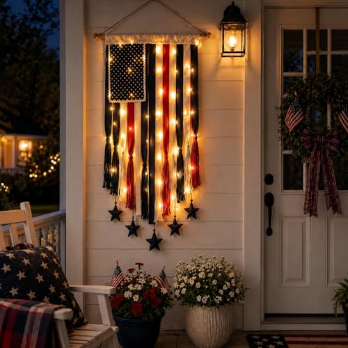 4th of July Decorations 4 x 2.3 Ft LED Rag American Flag Banner Waterproof Outdoor Indoor 4th of July Decorations String Lights for Memorial Day Yard Garden Festival Holiday PartyNo rod (Style-B)