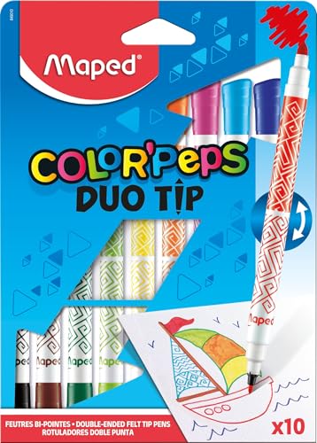 Maped - Rotuladores de Colores para Niños - Color's Peps Duo Tip - 10 Rotuladores con Doble Punta - Tinta Ultra Lavable - Punta Fina y Gorda en el Mismo Color - Variedad de 10 Colores
