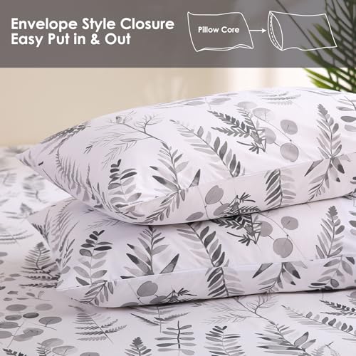 Image of JSD Grey Boho Floral Printed Full Sheet Set 16 inch Deep Pocket | 4 Piece Soft Microfiber Sheets, Watercolor Leaves Ferns Pattern, OEKO-TEX Certified, Easy Care