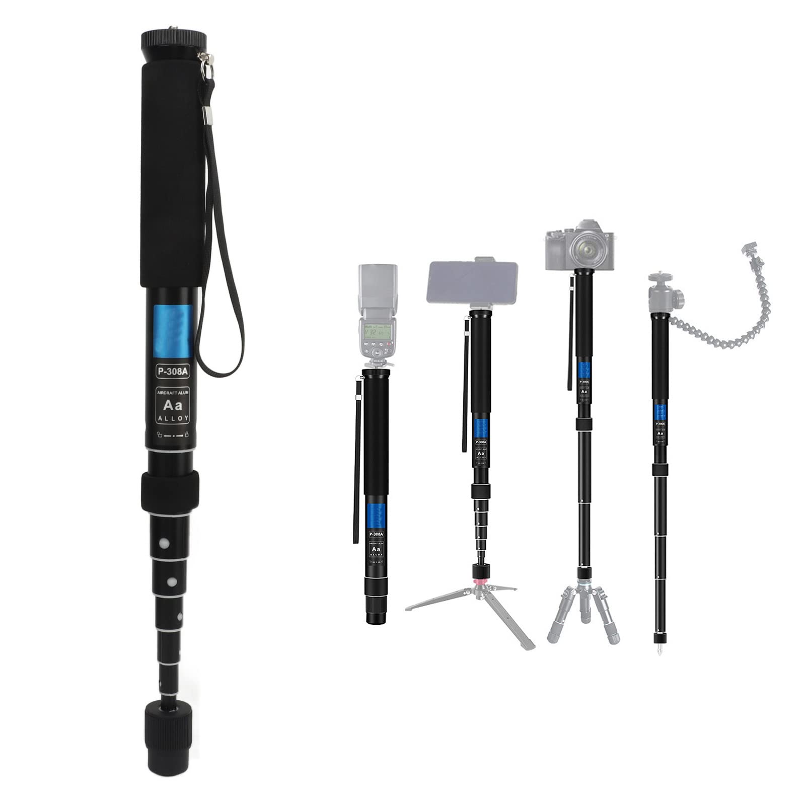 Monopié de Cámara, monopié Extensible Ligero de 8 Secciones, monopié de Fotografía de Aleación de Aluminio para Selfie de Cámara para Cámara DSLR, Senderismo Camping