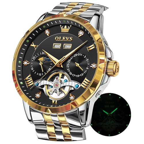 OLEVS 腕時計 メンズ 機械式 自動卷き ムーンフェイズ おしゃれ スケルトン 防水 人気 腕時計 夜光 watch for men ブラック＆ゴールド